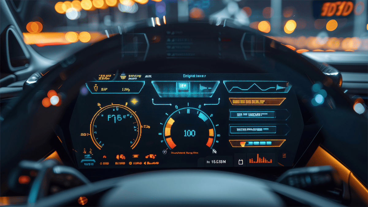 Futuristic car dashboard displaying digital gauges with glowing orange and blue lights. Speedometer reads 100. Reflects advanced, high-tech driving.