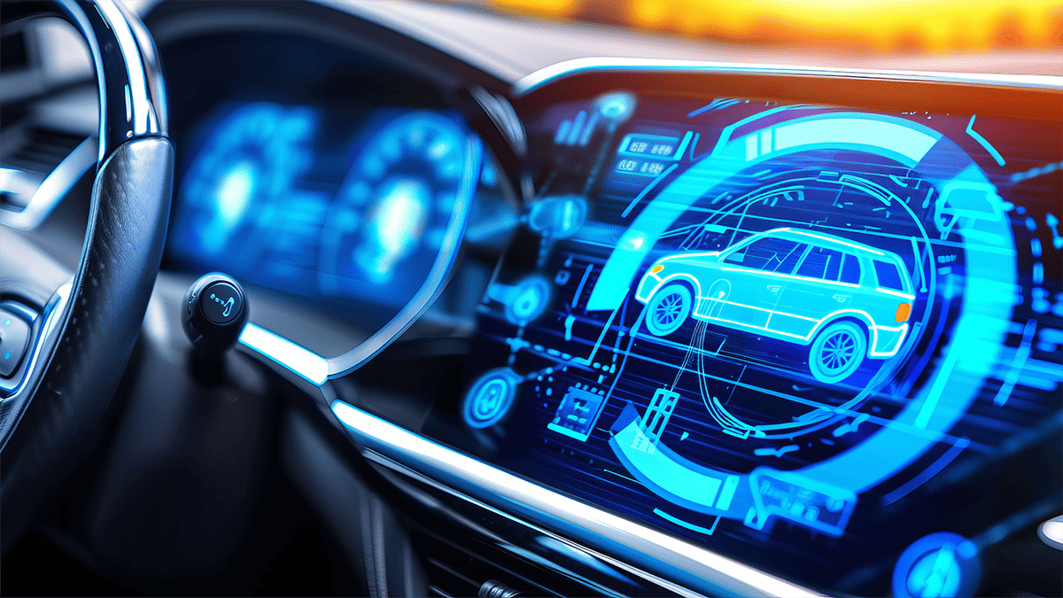 Futuristic car dashboard with glowing blue digital displays, including a vehicle diagram, speed gauges, and tech graphics, conveying innovation.