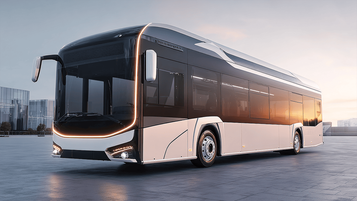 Futuristic white-and-black bus with sleek design parked on a tiled surface at sunset. The calm, warm light reflects off its smooth exterior.